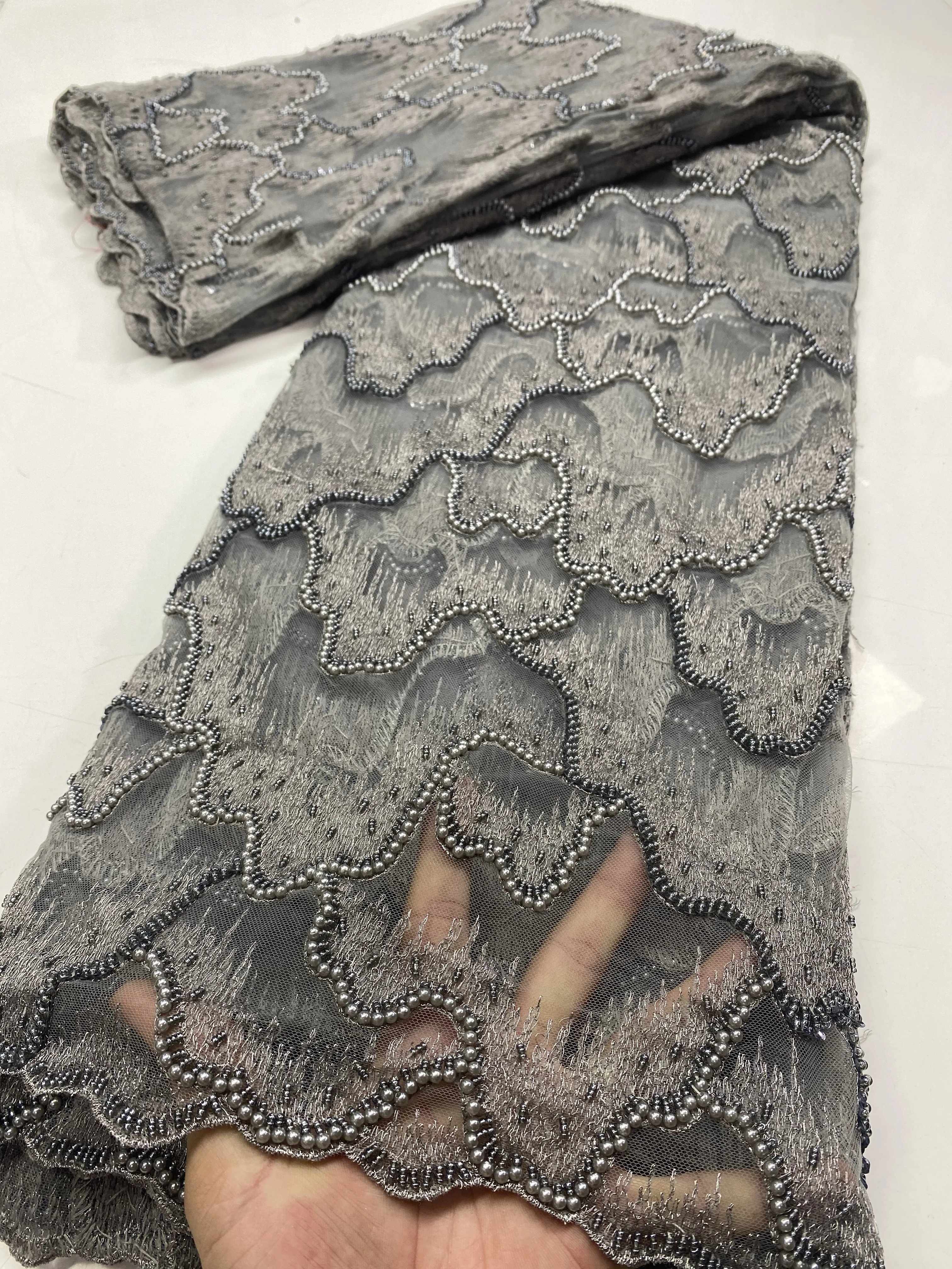 

5yards Gold african Big Embroidered Tulle Lace Fabric For Women Dress Heavy Handmade Beaded Mesh Tulle Lace Fabric