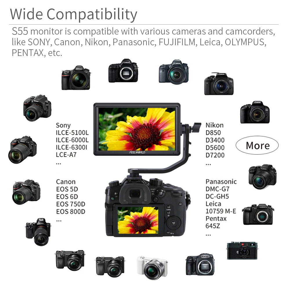 

FEELWORLD S55 5.5 Inch IPS on Camera Field DSLR Monitor Focus Assist 1280x720 Support 4K HDMI Input DC Output Include Tilt Arm