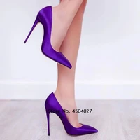 purple satin fabric shallow wedding pumps pointed toe slip on high heels magnifique party dress shoes