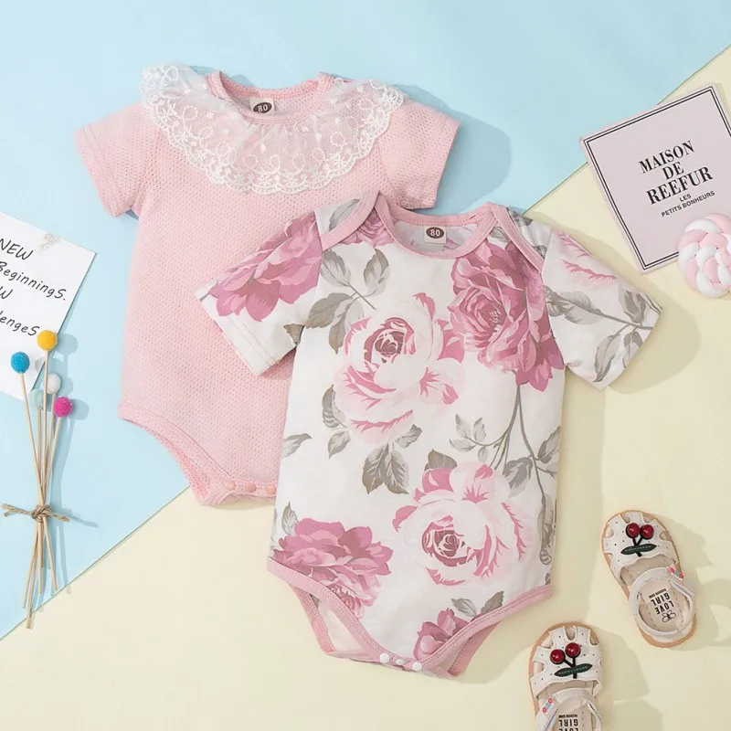 

2PCS/Set Summer Newborn Baby Girls Cotton Clothes Toddler Jumpsuits Infant Printing Bodysuit 0-12M