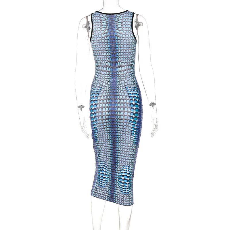 

Sexy Blue 3D Geometric Printed Bodycon Dress Birthday Photoshoot Party Clubwear Sleeveless Long Dresses Dropshipping
