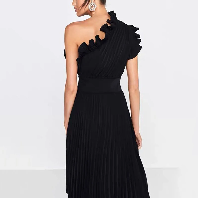 

SISPELL Patchwork Ruffle Dresses For Female Inclined Collar Sleeveless High Waist Slimming Irregular Hem Elegant Women's Dress