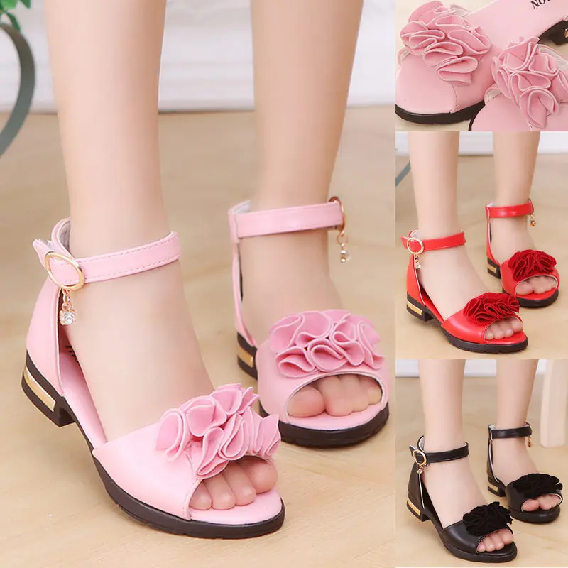 

Fashion 2021 Beach Children'S Summe Shoe Princess Kids Dance Sandals Girls High Heels Flower Sandals