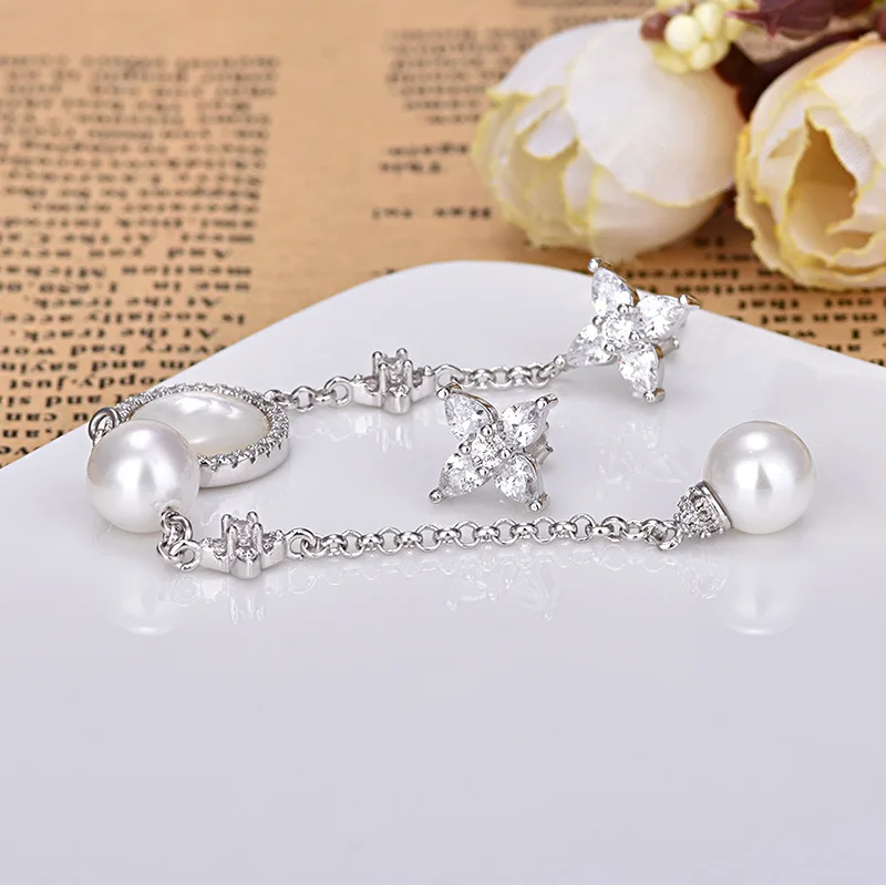 

Fashion Pearl Long Earrings Four Leaf Shell Shiny Zircon Earring Ab Style Oorbellen Pendientes For Women Zk30