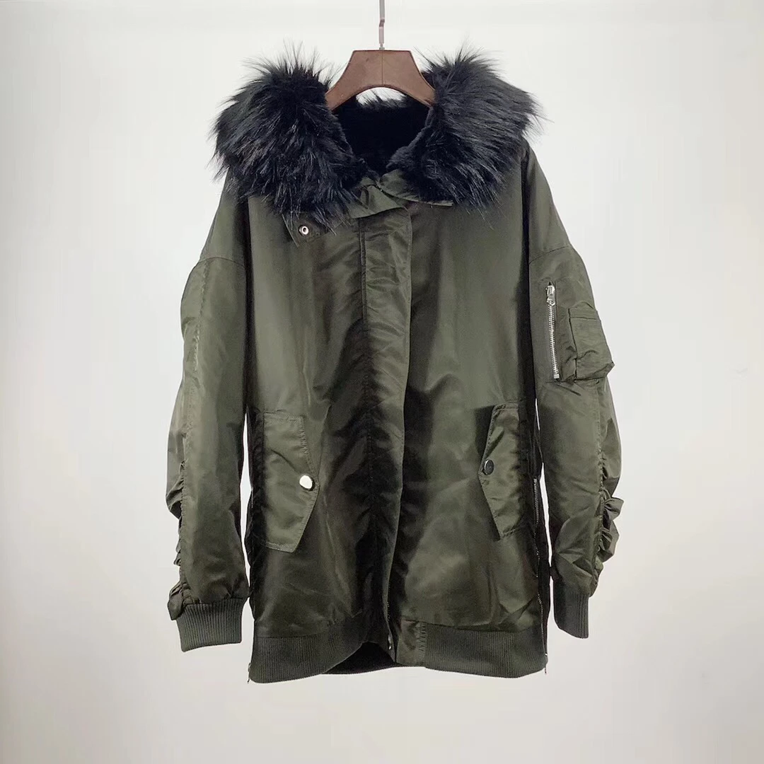 fall and winter fur hooded women amy green cotton warm long jacket coat