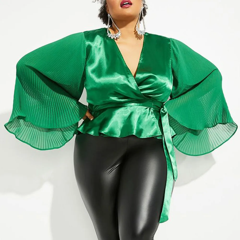 

Women Green Sexy Blouse Long Sleeve Lace-Up Patchwork Top Office Lady Autumn Fashion Female Chiffon Pleated Colthes 2021 New