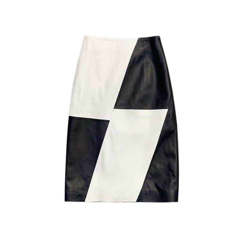 2021 Spring Genuine Leather Skirt Women Minimalist Contrast Two Color Versatile Midi Jupe Mujer Rhombic OL Wrap Faldas Oversize