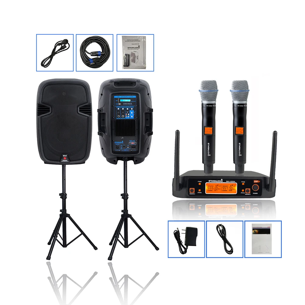 

Pair 2000W 12" DJ Active PA BT Speakers System Tripod Stands 2 Channel UHF Handheld Wireless Microphone System SSD-12A+SMU-0220A