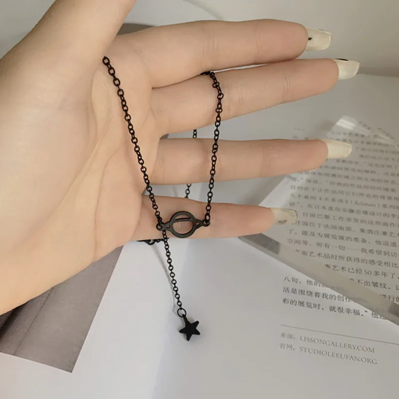 Модная черная Корейская Луна планета подвеска с цветочным узором С бантом колье