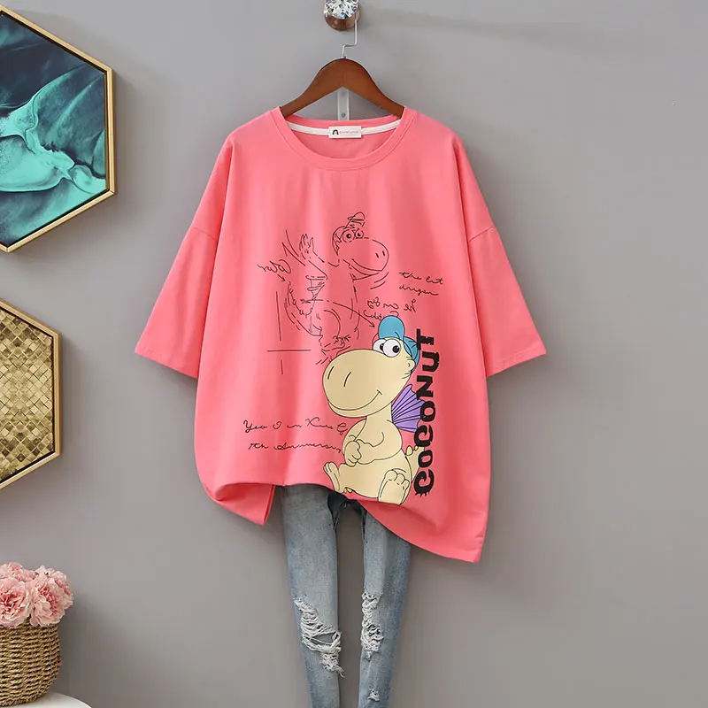 

2021 Summer Female Cartoon Loose Plus Size Half-Length Sleeve T-shirt Women Cotton Printed Mid-Length Tees Simple Round Neck Top