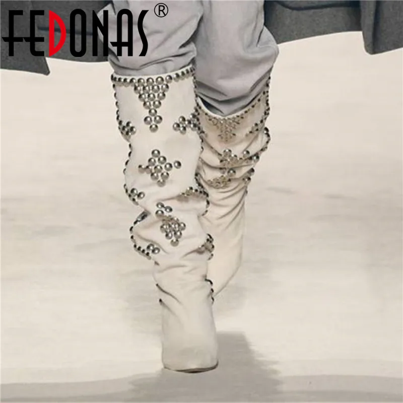 

FEDONAS Metal Decoration Knee High Boots For Women Wide Leg Genuine Leather High Heels Boots Boots Night Club Party Shoes Woman