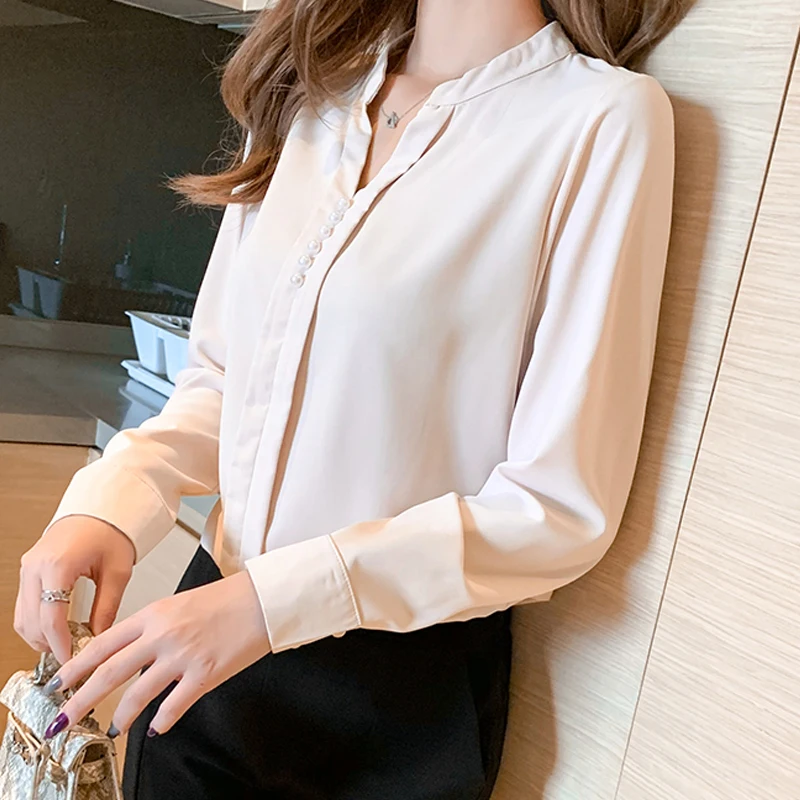 

Office Lady Style Tops 2021 V-neck White Blouse Women Plus Size 3XL New Fashion Women Long Sleeve Loose Casual Tops Female 11509