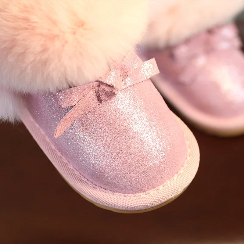 Короткие зимние сапоги для девочек бархатные Детские ботинки с бантом мягкая