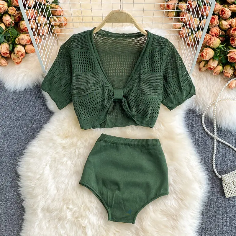 

Summer New Fashion Korean Hollow Female Knitted Solid Bikini Suit Split High Waist Swimsuit Seaside Vacation Bikini Set aq1000