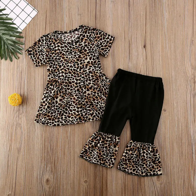 Комплекты хлопковой одежды для маленьких девочек леопардовое платье с короткими