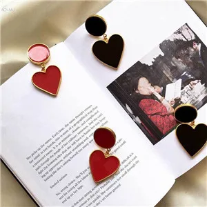 AOMU Vintage Lovely Exaggeration Red Heart Pendant Earring S925 Sterling Silver Pin Drop Dangle Earring For Women Jewelry Set