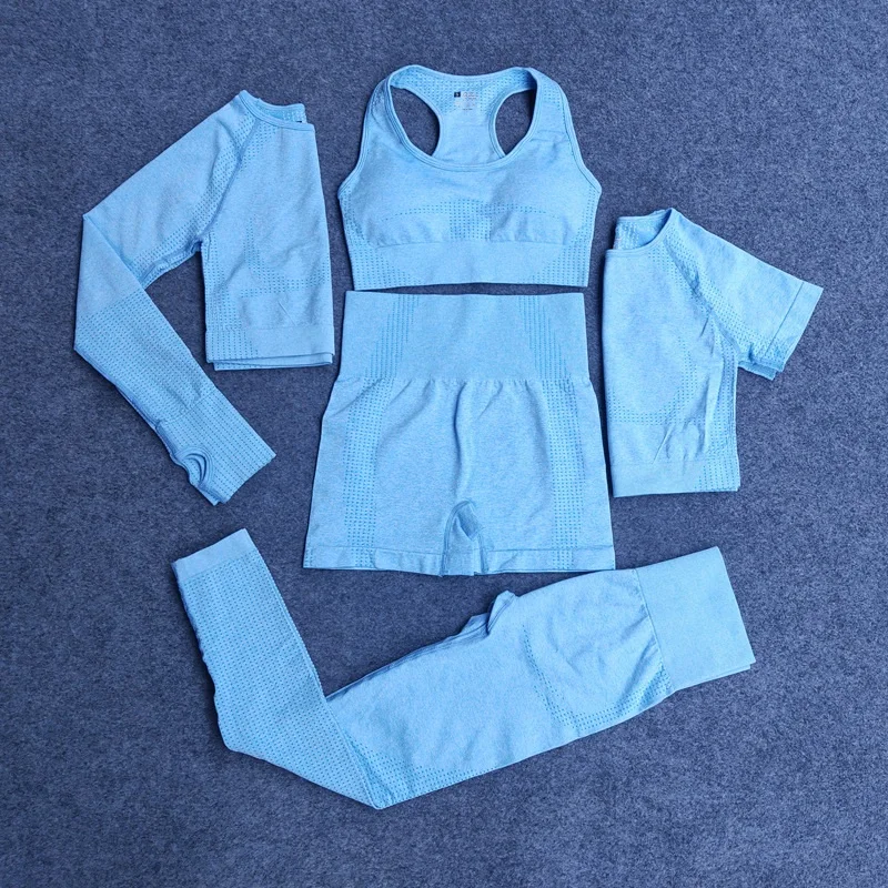 

2/3/5PCS Seamless Yoga Set Gym Clothing Sportswear Women Fitness Sleeve Crop Shirt Bra Top High Waist Leggings Pants Sports Suit