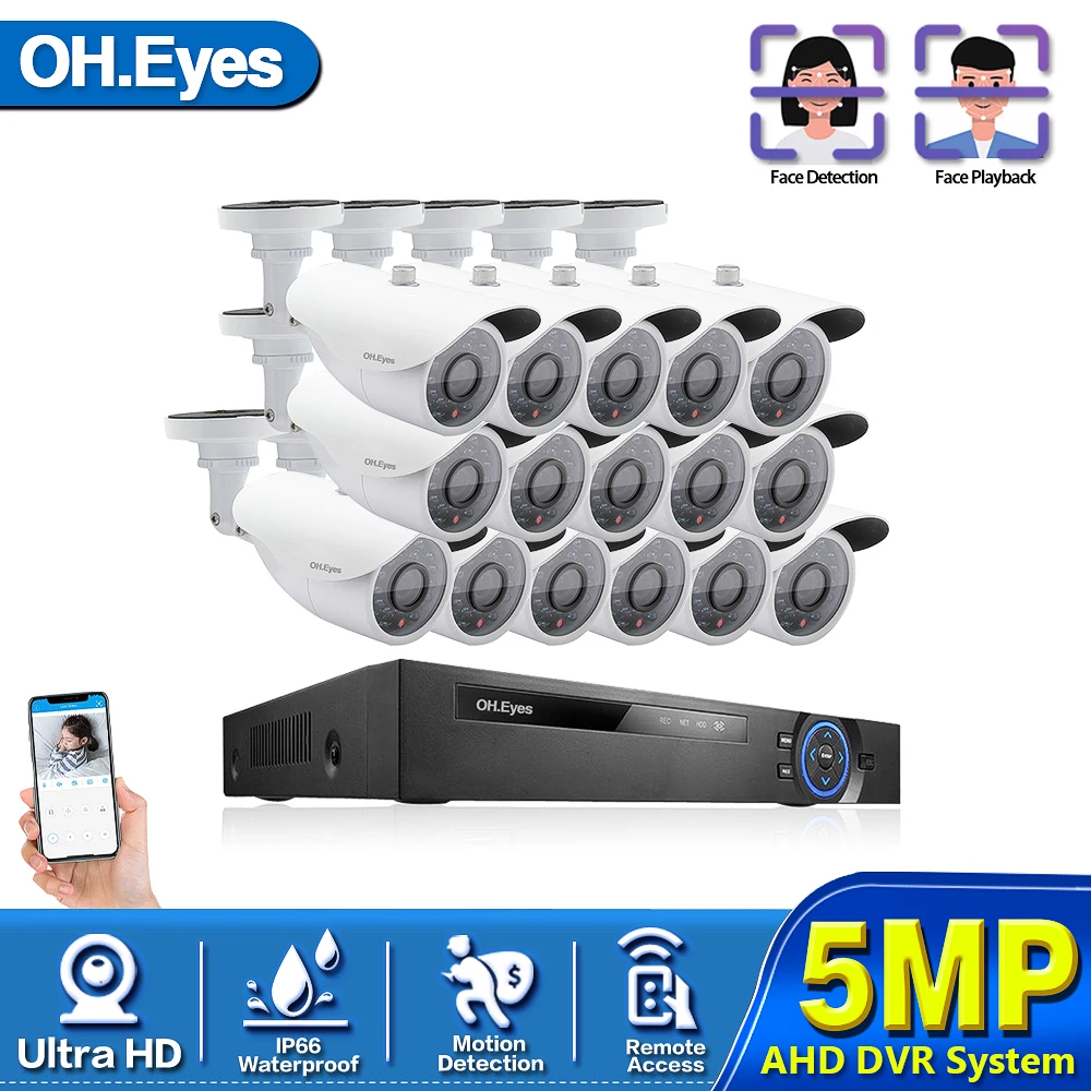 

H.265 16CH 8CH AI Human Detection Face Record CCTV DVR NVR audio System 5MP 2592*1944P x1/3 inch IP66 AHD Security Camera Kit