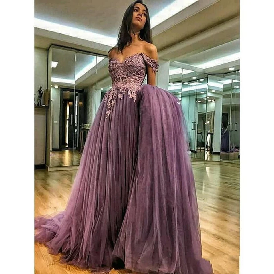 

Purple Evening Dresses 2020 Women Formal Party Night Prom Gowns Off The Shoulder Robe De Soiree Appliques Tulle Vestido De Gala