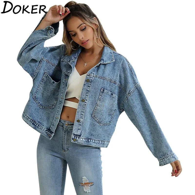 

Куртка женская джинсовая с длинным рукавом, Повседневная модная свободная синяя куртка из денима с отложным воротником, Осень-зима