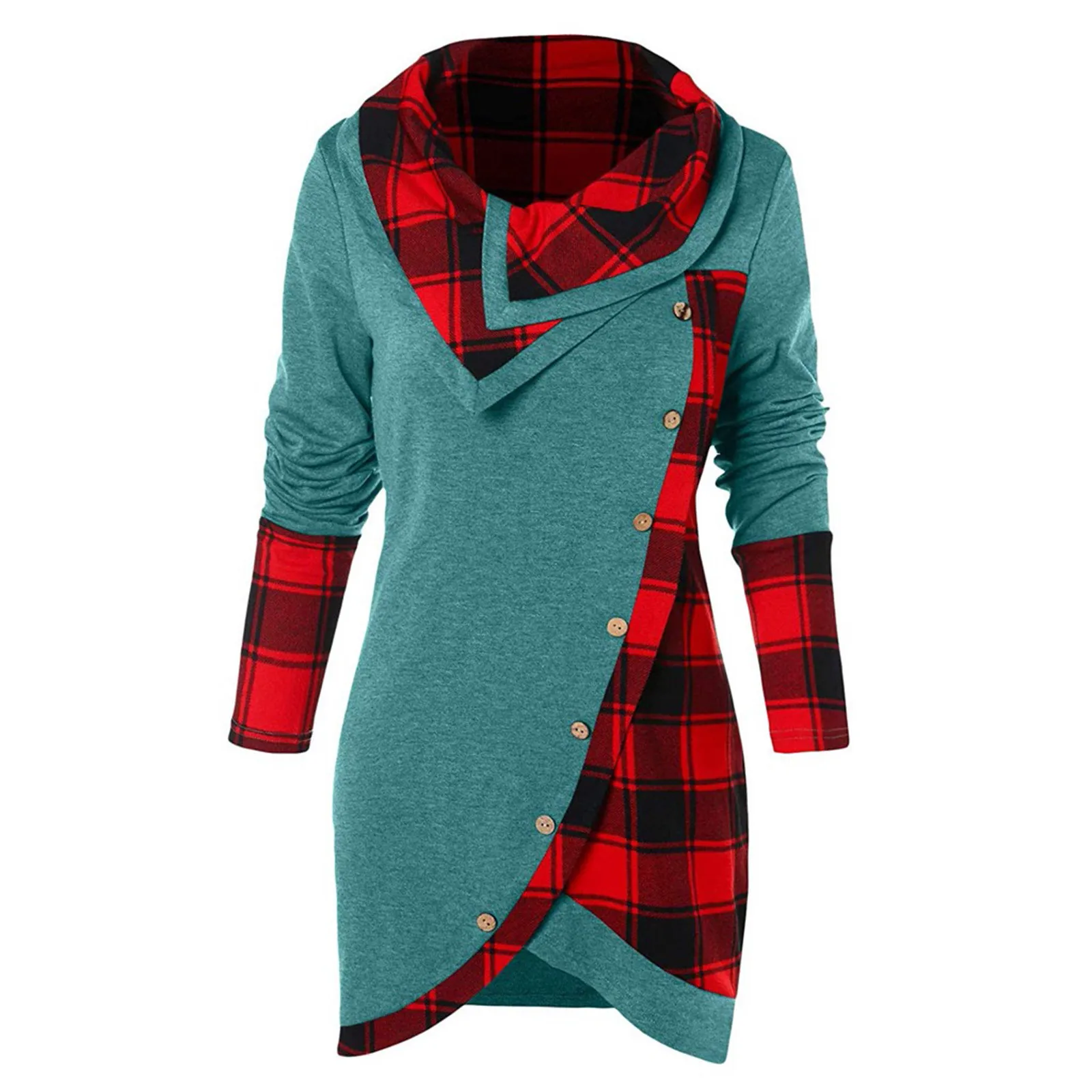 Зимняя Женская футболка с длинным рукавом тартан Туника свитшот одежда на