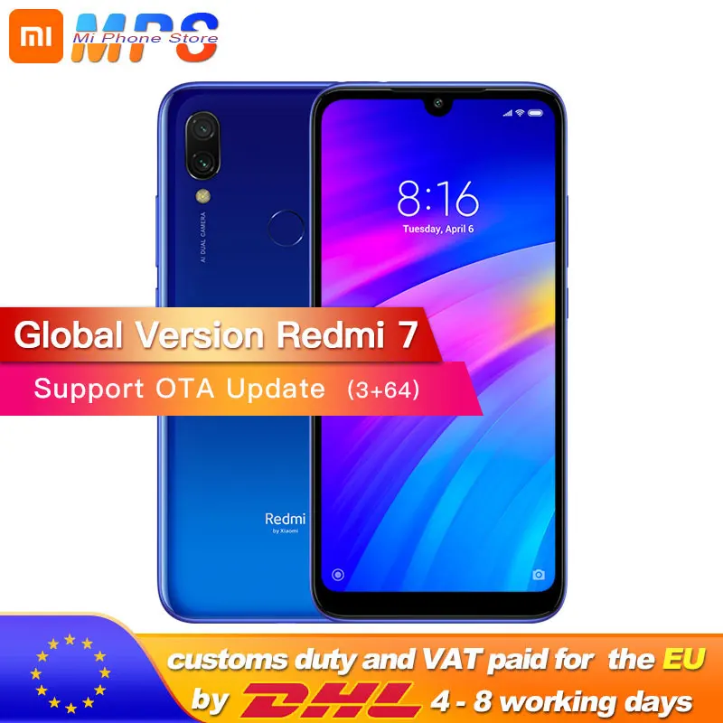 Глобальная версия Xiaomi Redmi 7 3GB 64GB Смартфон Snapdragon 632 Octa Core 12 + 2 МП Двойная камера