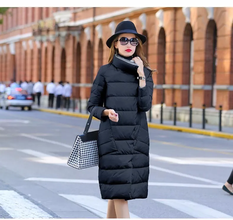 Double Sided Women's Down Jacket Long Winter Turtleneck White Duck Down Coat Female Double Breasted Plus size Warm Plaid Parkas