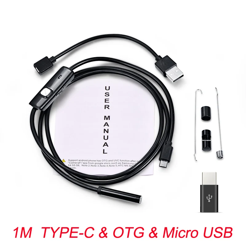 1M TYPE-C OTG USB 2 м 1 м 7 мм эндоскоп камера Гибкая IP67 водонепроницаемый осмотр бороскоп камера для Android ПК ноутбук 6 светодиодов регулируемый - Цвет: 1M TYPE-C OTG USB