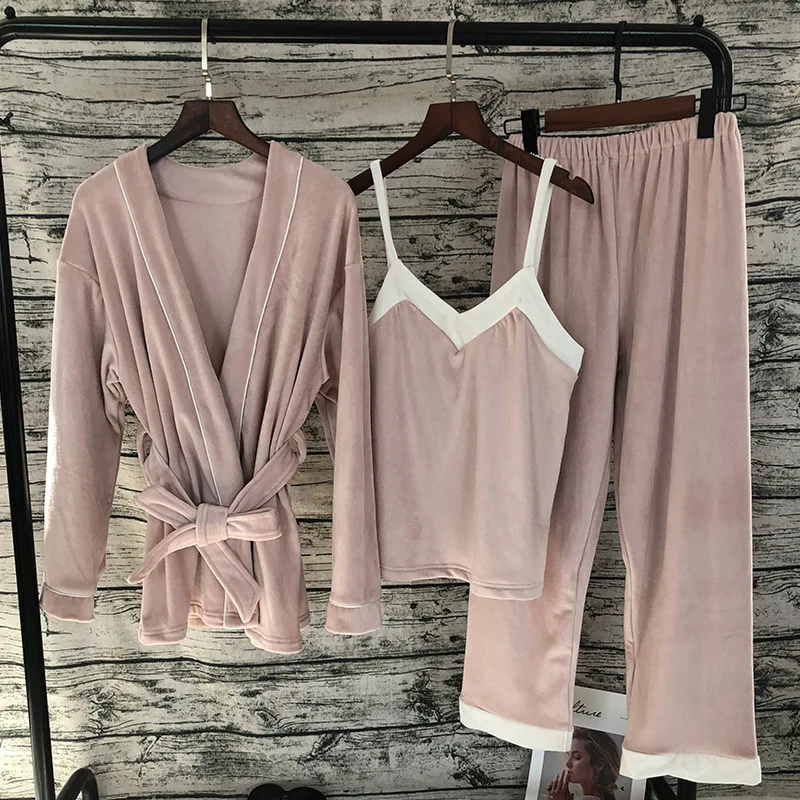 

3 pieces/ set Flannel Pajama Set Velvet Pyjamas Women Winter Femme Bathrobe Sets Bridesmaid Sleeveless Nightwear PINK RED
