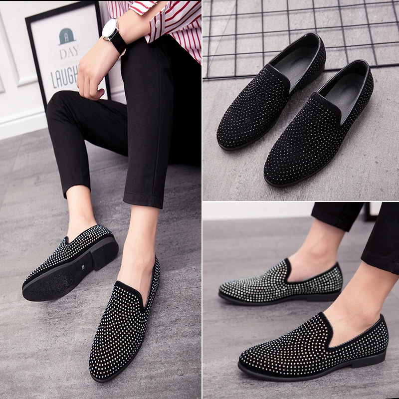 Новинка 2019 года мужские лоферы черные с заклепками и стразами Свадебная обувь