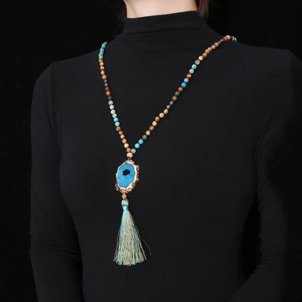 

Bohemian Ethnic Vintage Long Tassel Wood Beads Statement Necklace Chakra Volcanic Stones Beaded Meditation Healing Necklace Gift