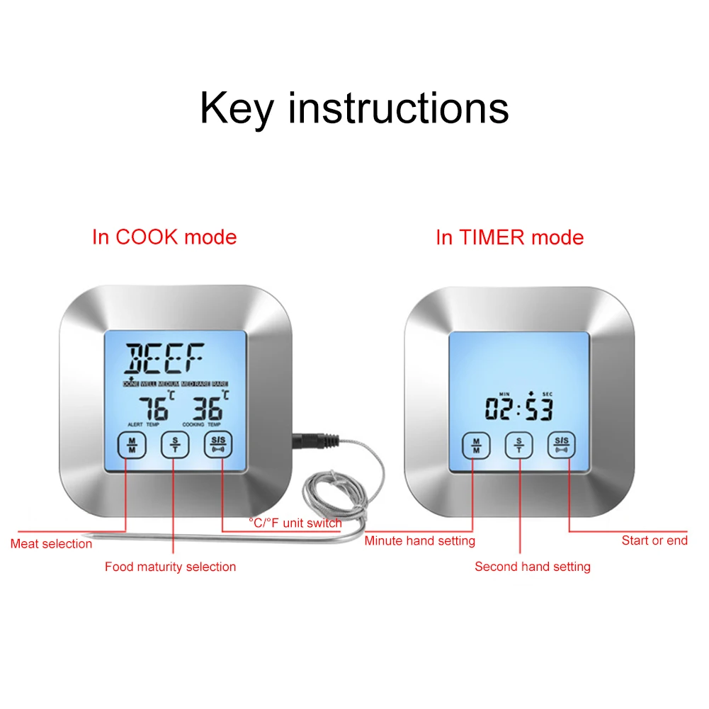 

Cooking BBQ Thermometer with Backlit Magnet Stand Digital Meat Thermometer Touch Control Stainless Steel Probe 2 Modes Food