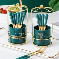 6pcs household fruit forks set luxury kitchen flatware emerald ceramic handle stainless steel forks with gold metal holder