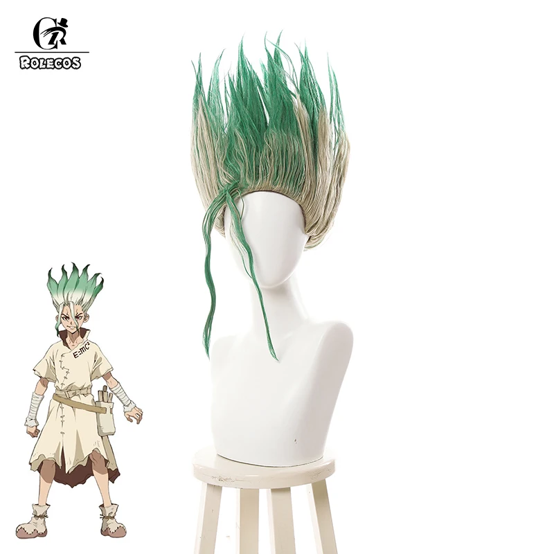 Rolecos аниме Dr. Stone косплей волос Senku Ishigami короткие синтетические волосы Senkuu Косплей головные уборы смешанные зеленые прямые мужские волосы