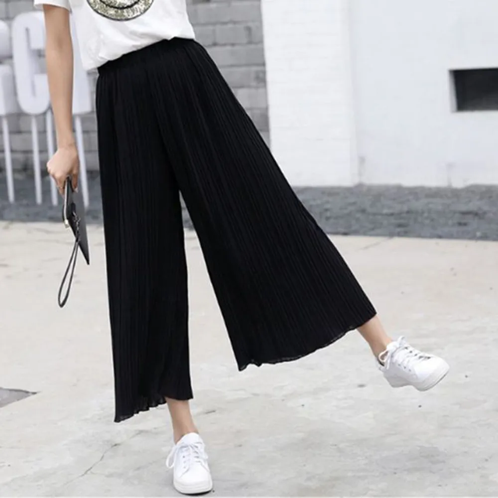 

Elastic Pleated Black Fold Pleated Wide High Pants Loose Loose Summer Spring Women Pants Waist Leg Casual Female Chiffon Pants S