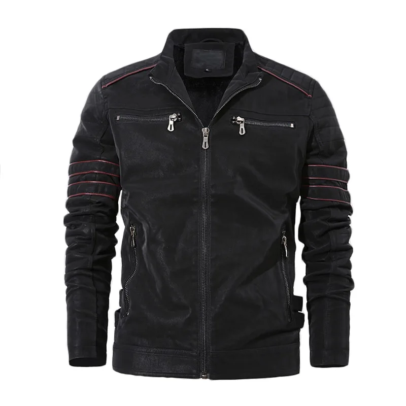 

KIOVNO Autumn Winter Men Leather Jackets And Coats Fleece Lined Stand Collar Jackets Outwear For Male Windbreak