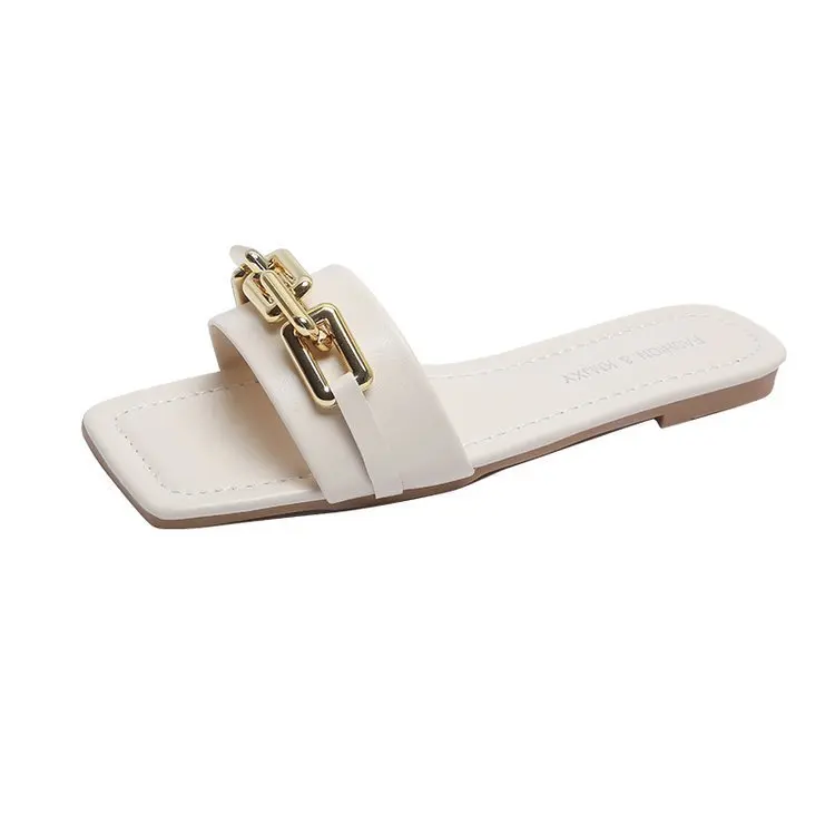 

2021 New Quality Female Flip Flops Sandals Gold Chain Ladies Casual Shoes Slides Big Size Women Flat Slippers