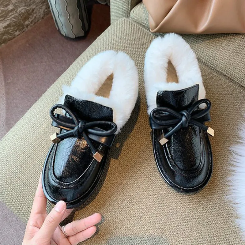 Fashion Winter Snow Boots Women Butterfly-knot Hairball Slip-On Round Toe Low (1cm-3cm) Flat with Plush Thicken High Quality PU