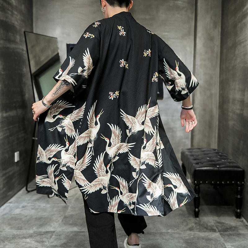High Quality Yukata Haori Men Japanese Long Kimono Cardigan Samurai Costume Clothing Nightwear Jacket Robe Kimono Yukata Haori