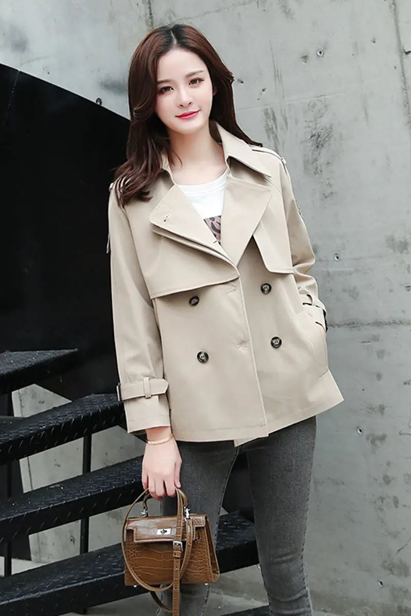 

Women Short Windbreaker Jacket Spring And Autumn Classic Design Double-breasteda Casual Korean Style Student Loose Female Jacket