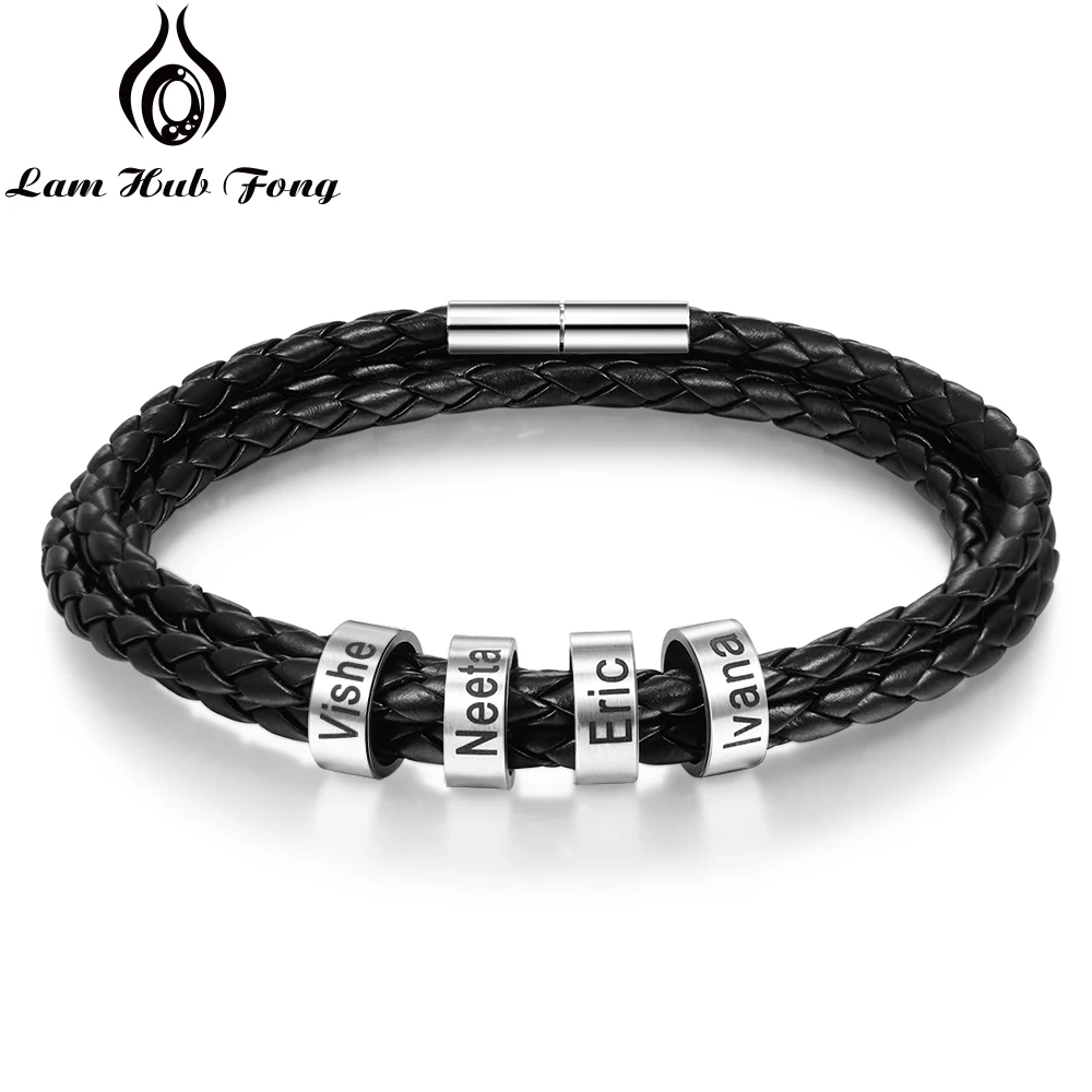 Персонализированный кожаный мужской браслет из нержавеющей стали с бусинами