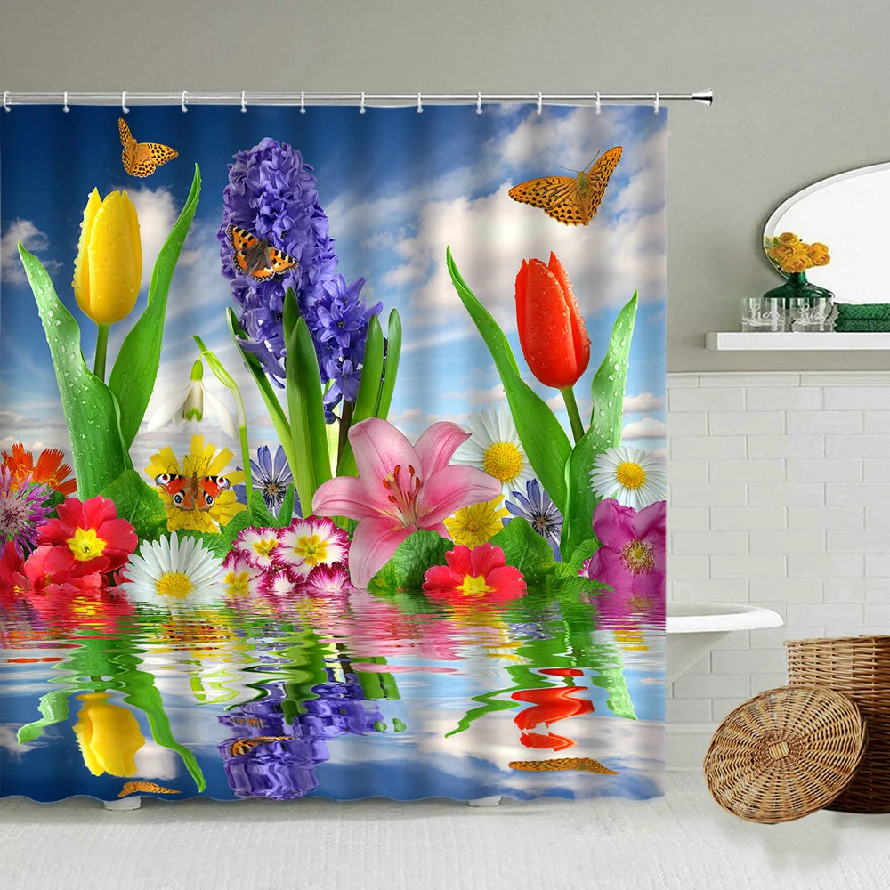 

Tulip Flower Plant Butterfly Shower Curtain Blue Sky White Cloud Pastoral Water Natural Scenery Bathroom 3D Waterproof Curtains