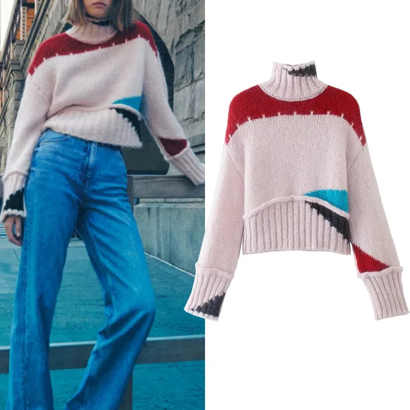 

TRAF Za Autumn Colour Block Knitted Sweater Woman Vintage Long Sleeve Turtleneck Pullover Women Warm Cropped Top Vintage Sweater