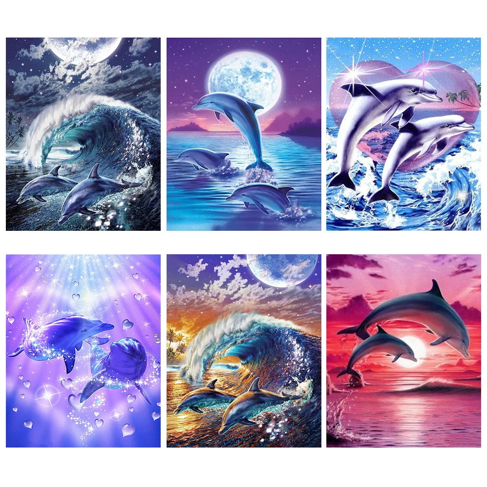

XUEQIXIAOZU 5D DIY Diamond Mosaic Dolphin Diamond Painting Animal Cross Stitch Kit Picture Rhinestone Marine Art Home Decoration