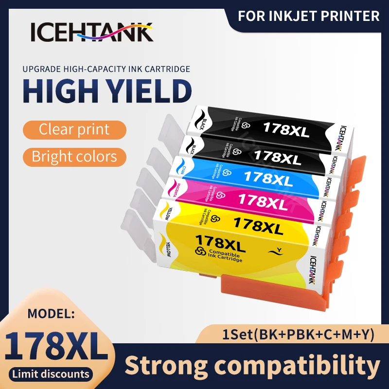 

Icehtank 5PK compatible Ink Cartridge for HP 178 for HP178 178XL Photosmart 5510 5515 6510 7510 B109a B109n B110a Printer