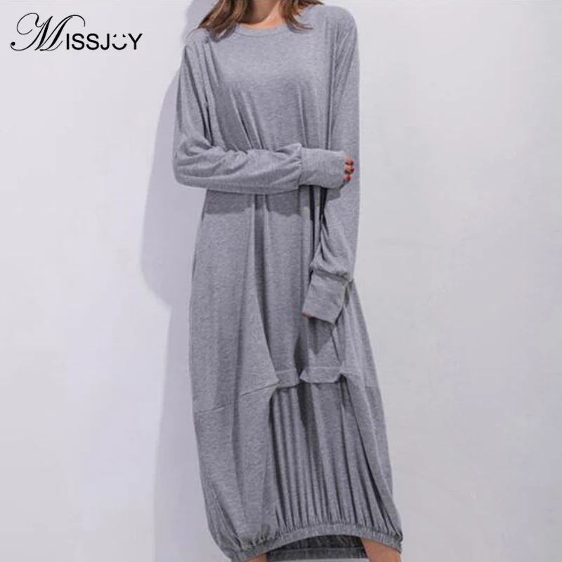 

Осенний женский хлопковый однотонный свободный плиссированный халат MISSJOY 2019 с круглым вырезом и длинными рукавами в технике пэчворк, элега...