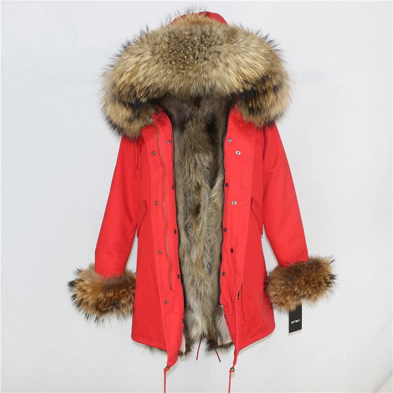 red natural DX Женская парка на натуральном меху OFTBUY, черное пальто с натуральным лисьим мехом, с капюшоном с отделкой из меха енота, толстая теплая уличная одежда, зима - Цвет: red natural DX