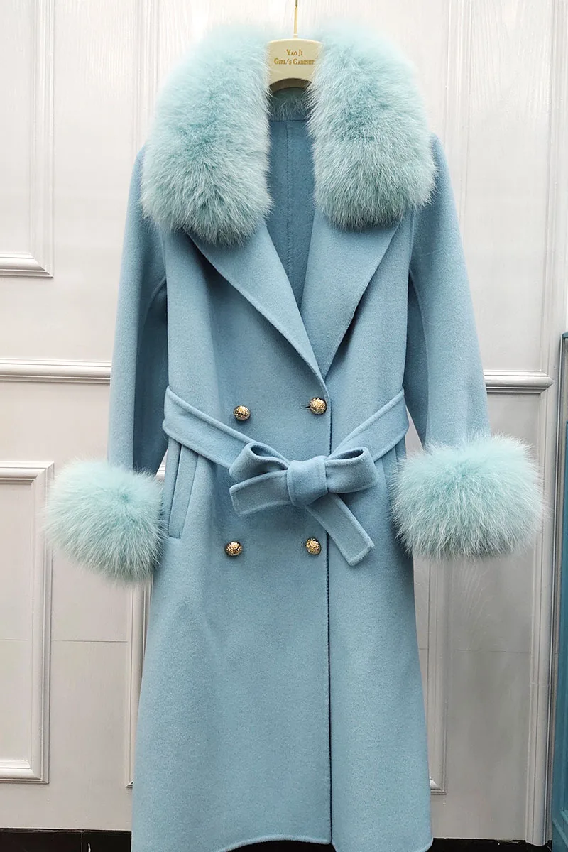 Sky Blue Шерстяное пальто с воротником из натурального Лисьего меха, Осень-зима, женская верхняя одежда, теплая элегантная длинная Серая шерстяная куртка с натуральным лисьим мехом - Цвет: Sky Blue