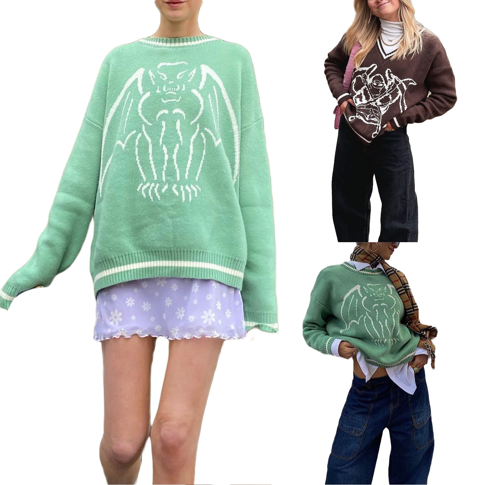 

Women's Round Neck Sweaters, Long Sleeve Animal Monster Print Loose Fit Knit Tops 2021 New Fashion