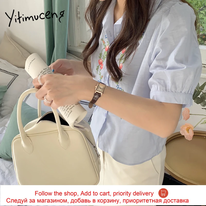 

Yitimuceng Embroidery Floral Shirt Women Oversize Button up Tops Korean Fashion Blouse Short Puff Sleeve White Blue 2021 Summer